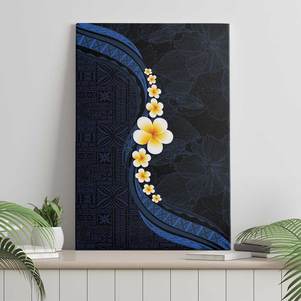 Pacific Hibiscus and Plumeria with Tapa Pattern Canvas Wall Art Dark Blue Color