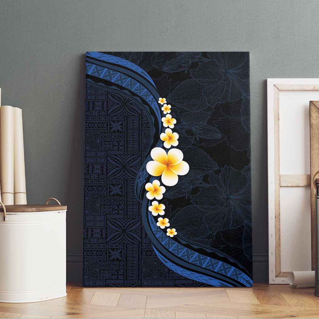 Pacific Hibiscus and Plumeria with Tapa Pattern Canvas Wall Art Dark Blue Color