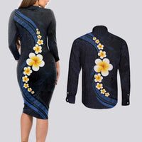 Pacific Hibiscus and Plumeria with Tapa Pattern Couples Matching Long Sleeve Bodycon Dress and Long Sleeve Button Shirt Dark Blue Color LT03 - Polynesian Pride