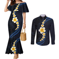 Pacific Hibiscus and Plumeria with Tapa Pattern Couples Matching Mermaid Dress and Long Sleeve Button Shirt Dark Blue Color LT03 Blue - Polynesian Pride