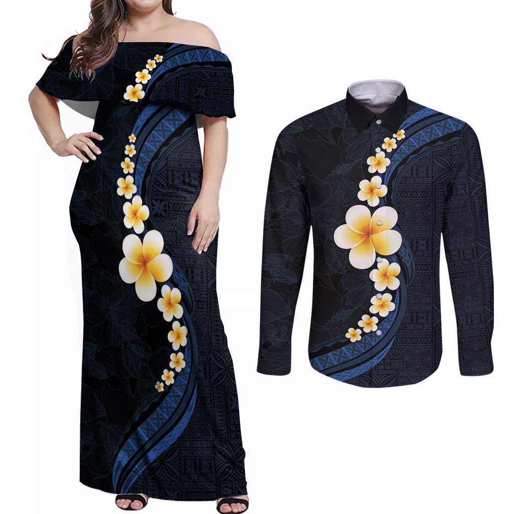 Pacific Hibiscus and Plumeria with Tapa Pattern Couples Matching Off Shoulder Maxi Dress and Long Sleeve Button Shirt Dark Blue Color LT03 Blue - Polynesian Pride