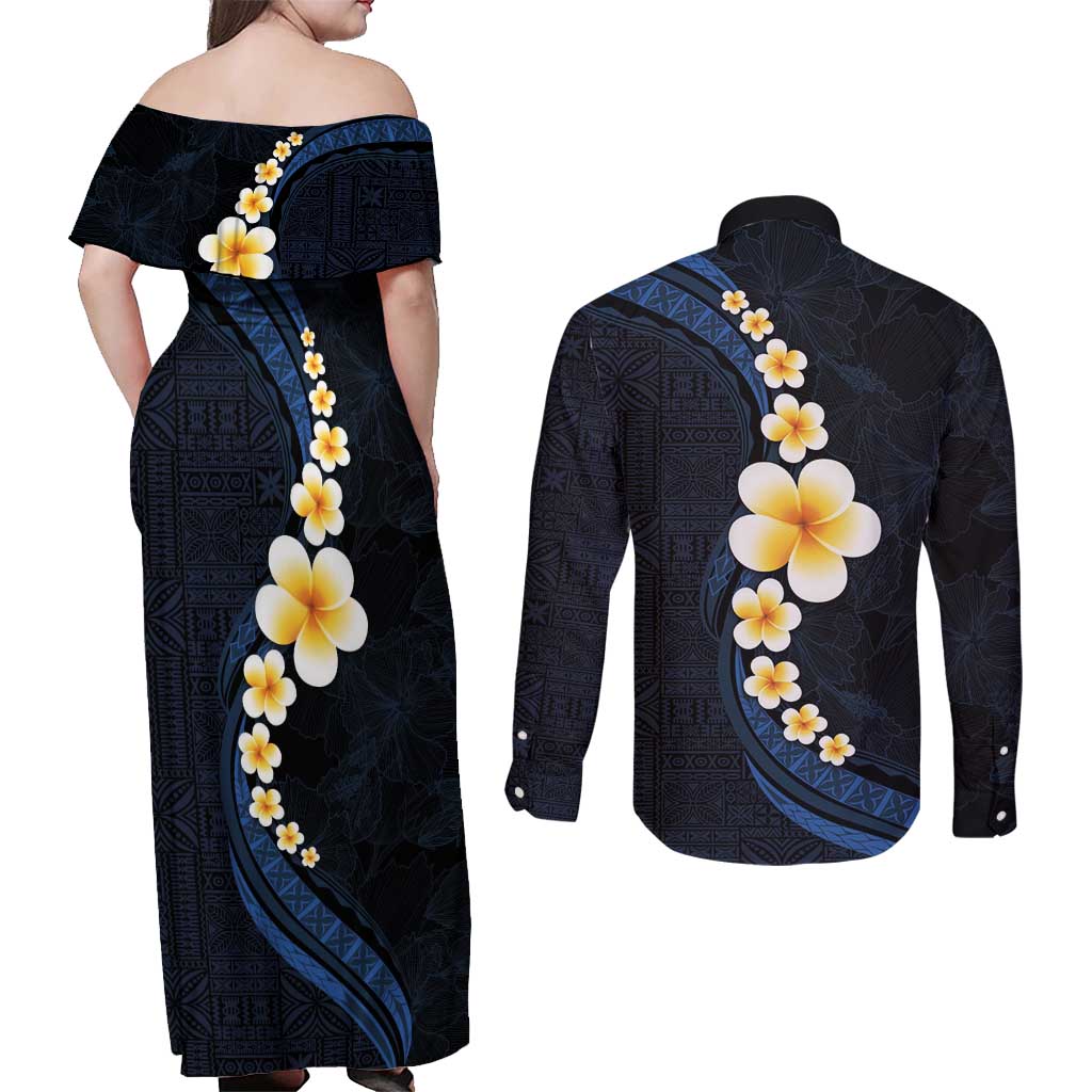 Pacific Hibiscus and Plumeria with Tapa Pattern Couples Matching Off Shoulder Maxi Dress and Long Sleeve Button Shirt Dark Blue Color LT03 - Polynesian Pride