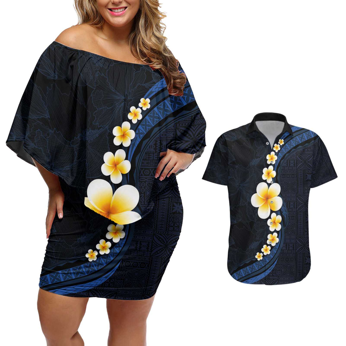 Pacific Hibiscus and Plumeria with Tapa Pattern Couples Matching Off Shoulder Short Dress and Hawaiian Shirt Dark Blue Color LT03 Blue - Polynesian Pride