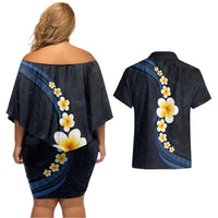 Pacific Hibiscus and Plumeria with Tapa Pattern Couples Matching Off Shoulder Short Dress and Hawaiian Shirt Dark Blue Color LT03 - Polynesian Pride