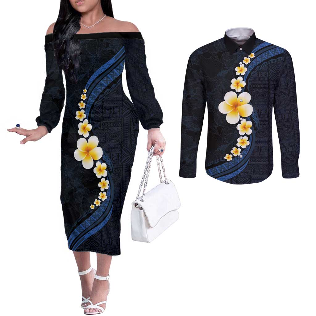 Pacific Hibiscus and Plumeria with Tapa Pattern Couples Matching Off The Shoulder Long Sleeve Dress and Long Sleeve Button Shirt Dark Blue Color LT03 Blue - Polynesian Pride