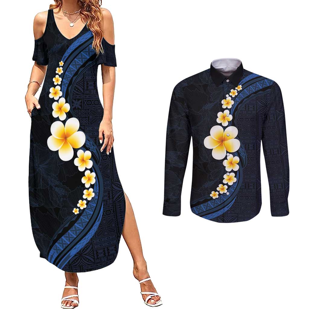 Pacific Hibiscus and Plumeria with Tapa Pattern Couples Matching Summer Maxi Dress and Long Sleeve Button Shirt Dark Blue Color LT03 Blue - Polynesian Pride