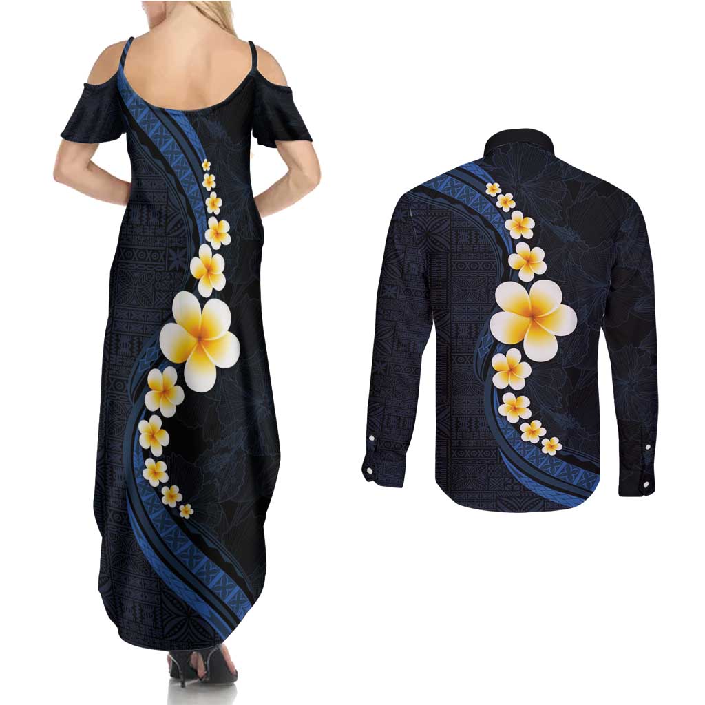 Pacific Hibiscus and Plumeria with Tapa Pattern Couples Matching Summer Maxi Dress and Long Sleeve Button Shirt Dark Blue Color LT03 - Polynesian Pride