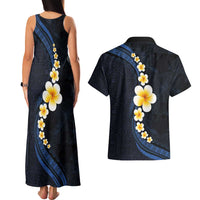 Pacific Hibiscus and Plumeria with Tapa Pattern Couples Matching Tank Maxi Dress and Hawaiian Shirt Dark Blue Color LT03 - Polynesian Pride