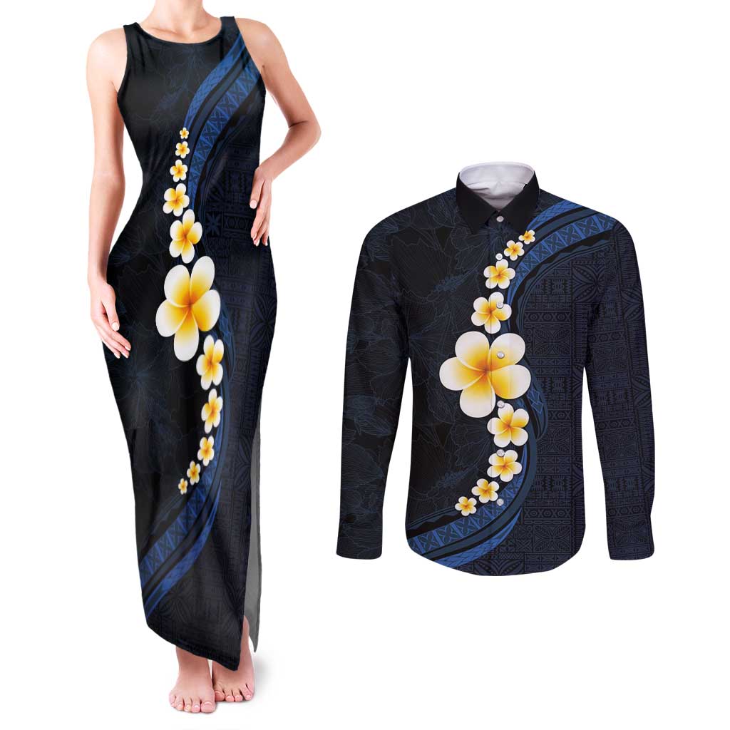 Pacific Hibiscus and Plumeria with Tapa Pattern Couples Matching Tank Maxi Dress and Long Sleeve Button Shirt Dark Blue Color LT03 Blue - Polynesian Pride
