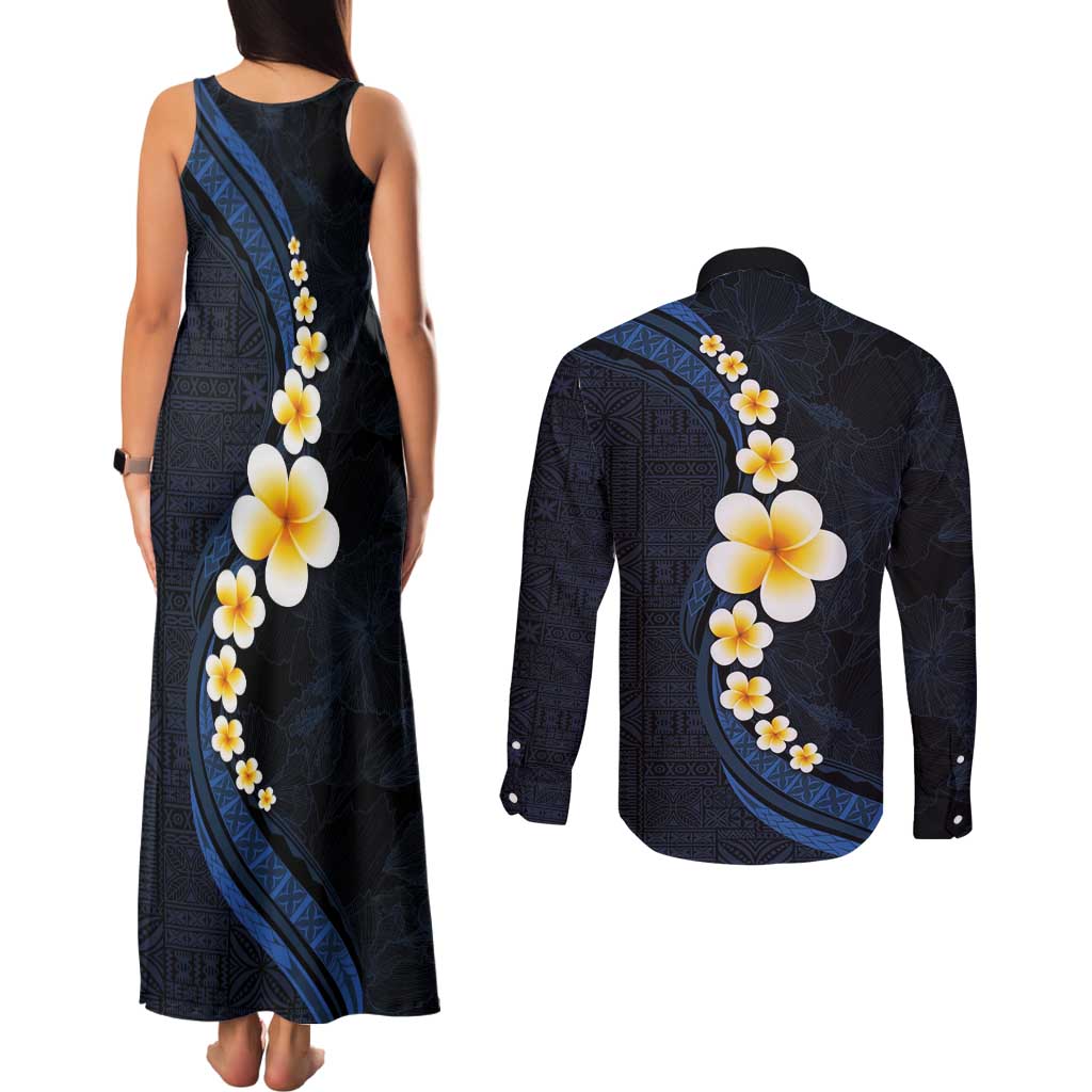 Pacific Hibiscus and Plumeria with Tapa Pattern Couples Matching Tank Maxi Dress and Long Sleeve Button Shirt Dark Blue Color LT03 - Polynesian Pride