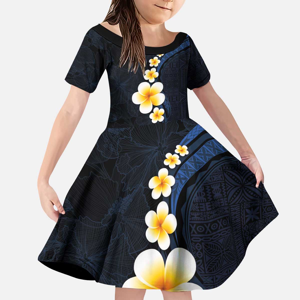 Pacific Hibiscus and Plumeria with Tapa Pattern Family Matching Puletasi and Hawaiian Shirt Dark Blue Color LT03 Daughter's Dress Blue - Polynesian Pride
