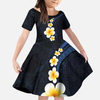 Pacific Hibiscus and Plumeria with Tapa Pattern Family Matching Puletasi and Hawaiian Shirt Dark Blue Color LT03 Daughter's Dress Blue - Polynesian Pride