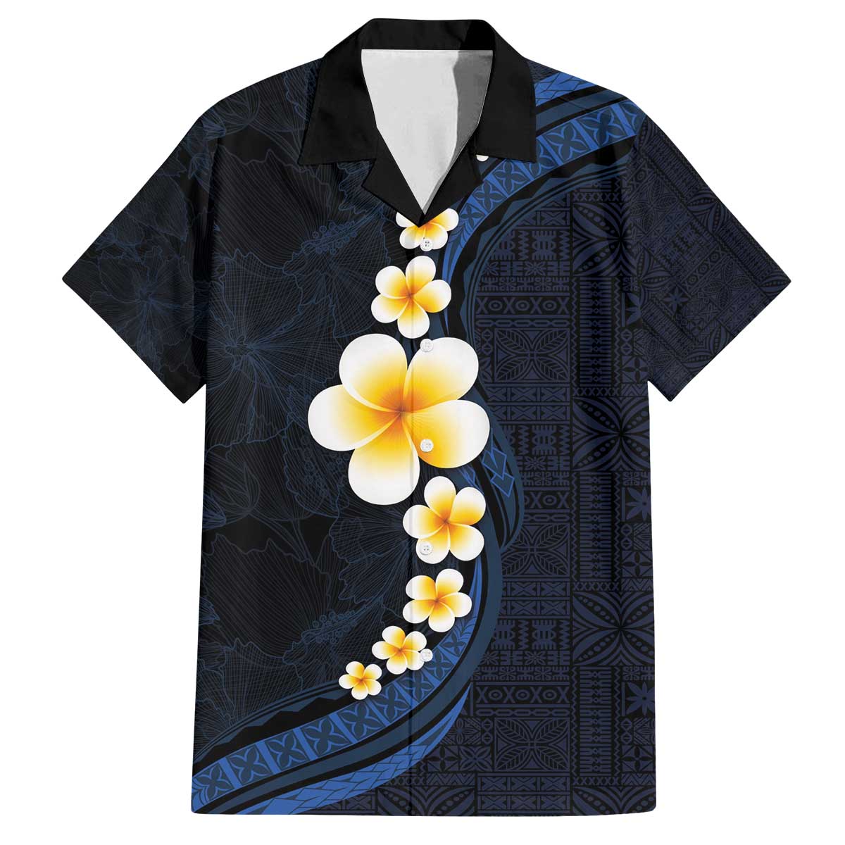 Pacific Hibiscus and Plumeria with Tapa Pattern Family Matching Puletasi and Hawaiian Shirt Dark Blue Color LT03 Dad's Shirt - Short Sleeve Blue - Polynesian Pride