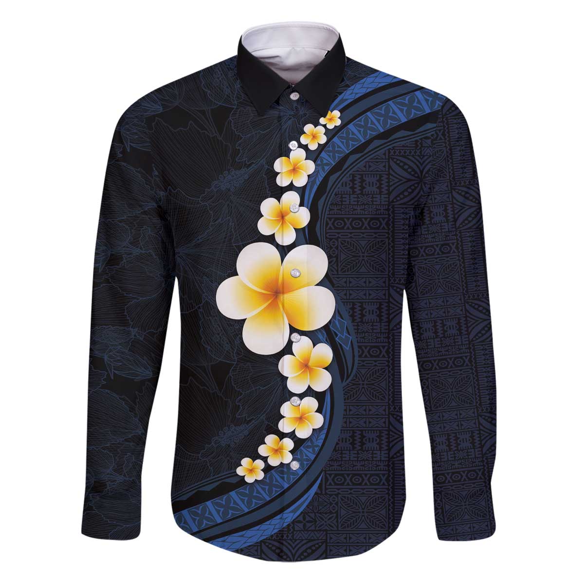 Pacific Hibiscus and Plumeria with Tapa Pattern Family Matching Puletasi and Hawaiian Shirt Dark Blue Color LT03 Dad's Shirt - Long Sleeve Blue - Polynesian Pride