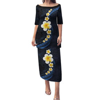 Pacific Hibiscus and Plumeria with Tapa Pattern Family Matching Puletasi and Hawaiian Shirt Dark Blue Color LT03 Mom's Dress Blue - Polynesian Pride