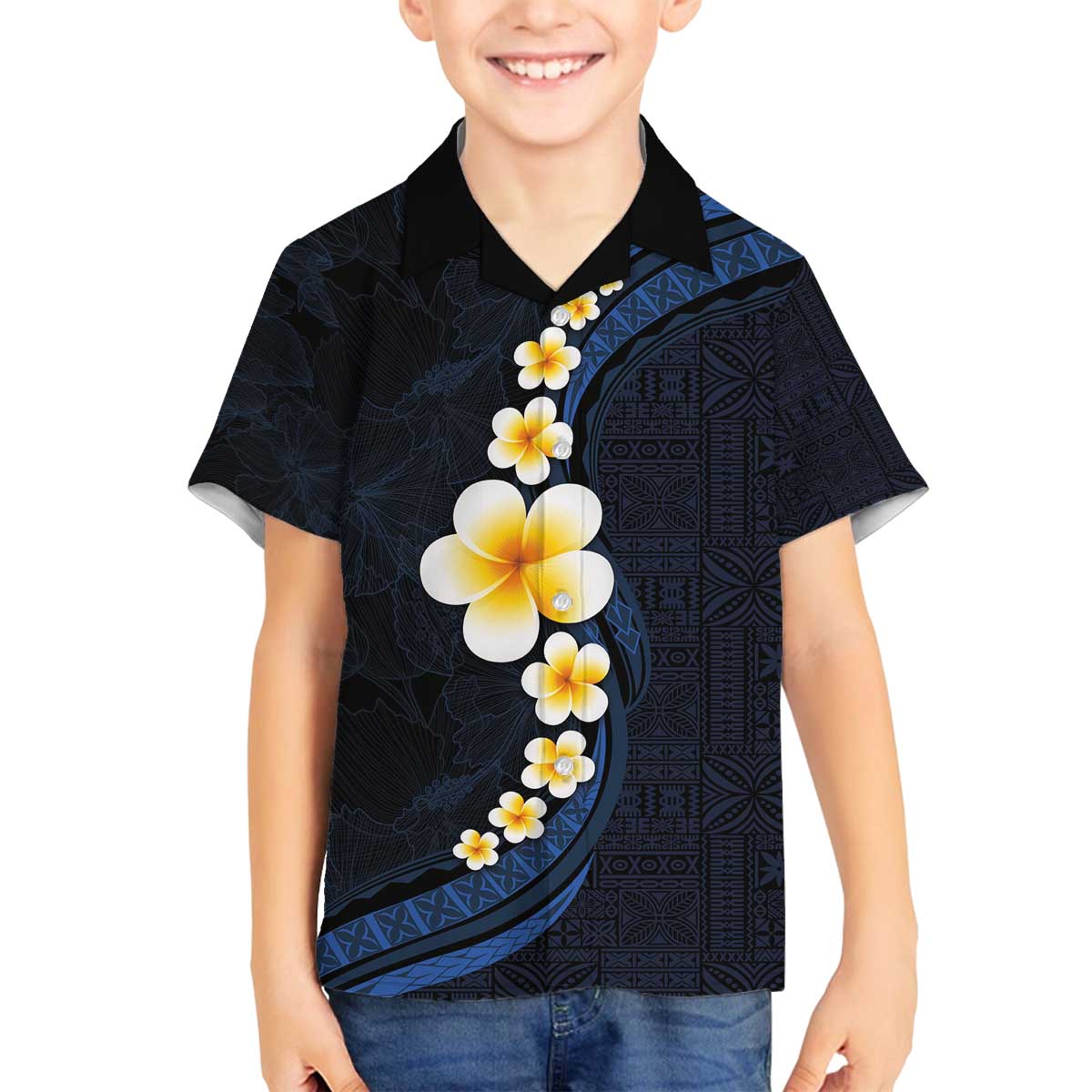 Pacific Hibiscus and Plumeria with Tapa Pattern Family Matching Puletasi and Hawaiian Shirt Dark Blue Color LT03 Son's Shirt Blue - Polynesian Pride