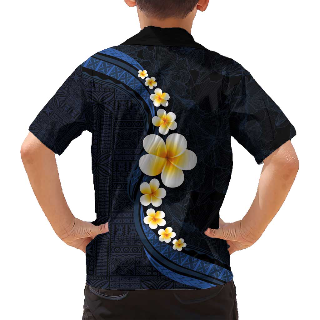 Pacific Hibiscus and Plumeria with Tapa Pattern Family Matching Short Sleeve Bodycon Dress and Hawaiian Shirt Dark Blue Color LT03 - Polynesian Pride