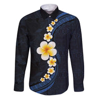 Pacific Hibiscus and Plumeria with Tapa Pattern Family Matching Tank Maxi Dress and Hawaiian Shirt Dark Blue Color