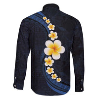 Pacific Hibiscus and Plumeria with Tapa Pattern Family Matching Tank Maxi Dress and Hawaiian Shirt Dark Blue Color