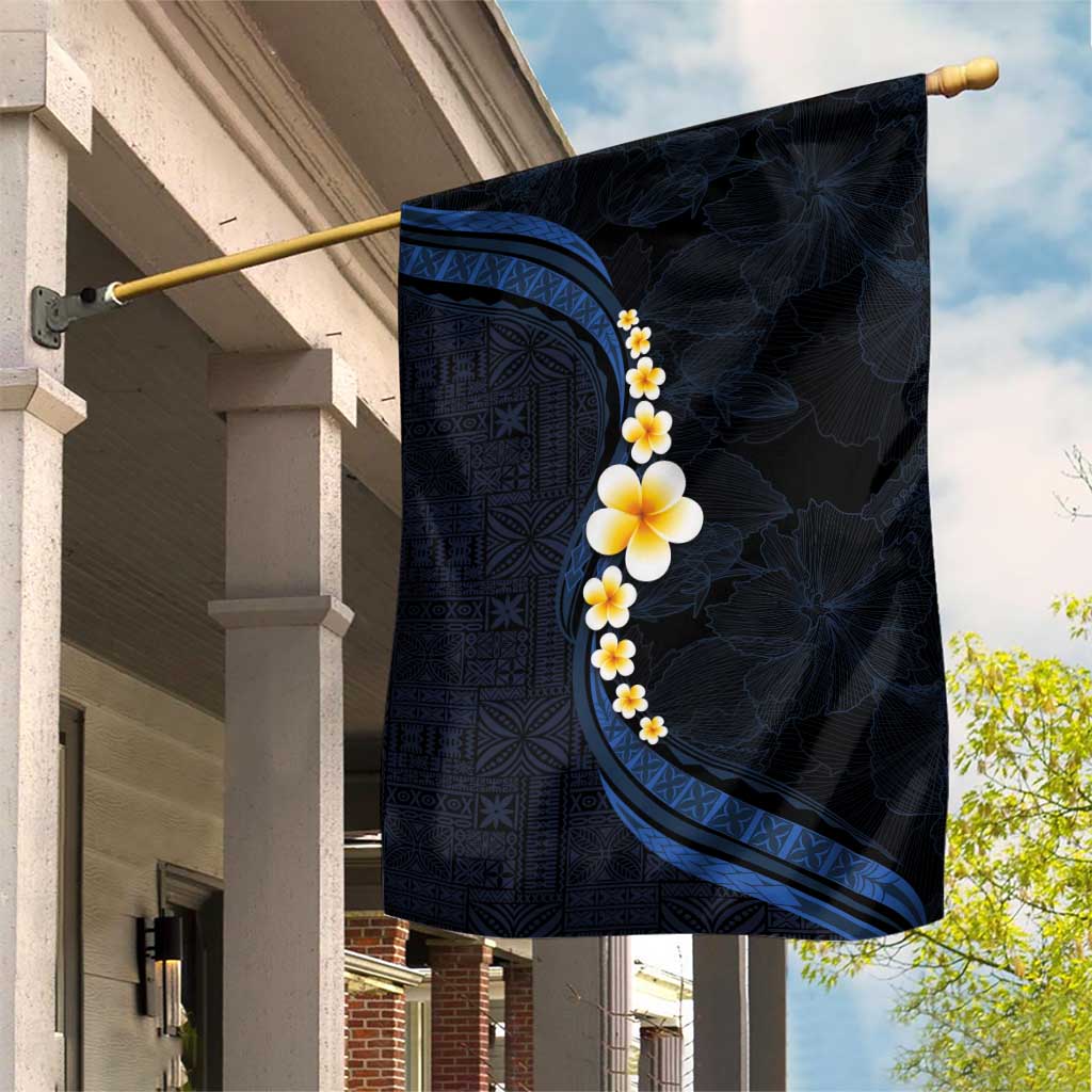 Pacific Hibiscus and Plumeria with Tapa Pattern Garden Flag Dark Blue Color