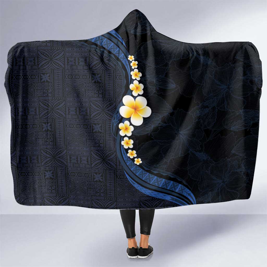 Pacific Hibiscus and Plumeria with Tapa Pattern Hooded Blanket Dark Blue Color