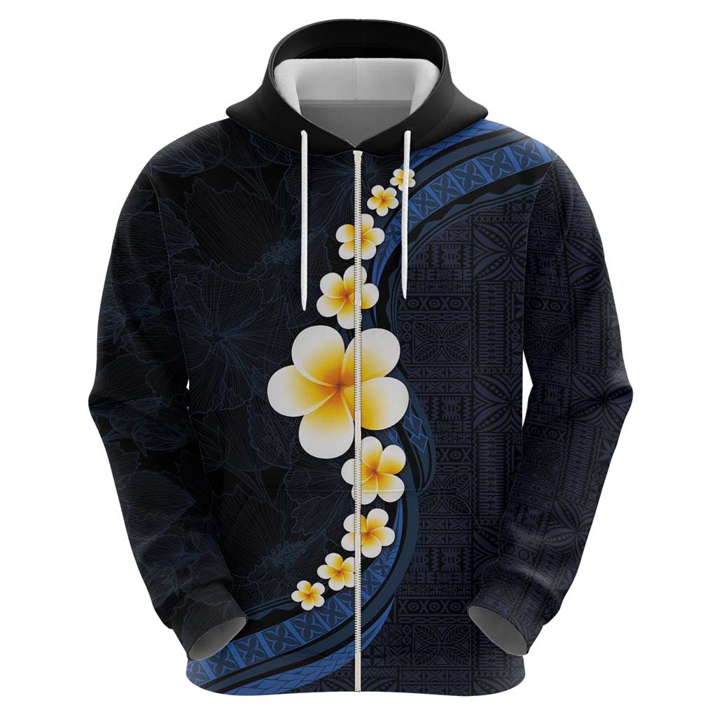 Pacific Hibiscus and Plumeria with Tapa Pattern Hoodie Dark Blue Color