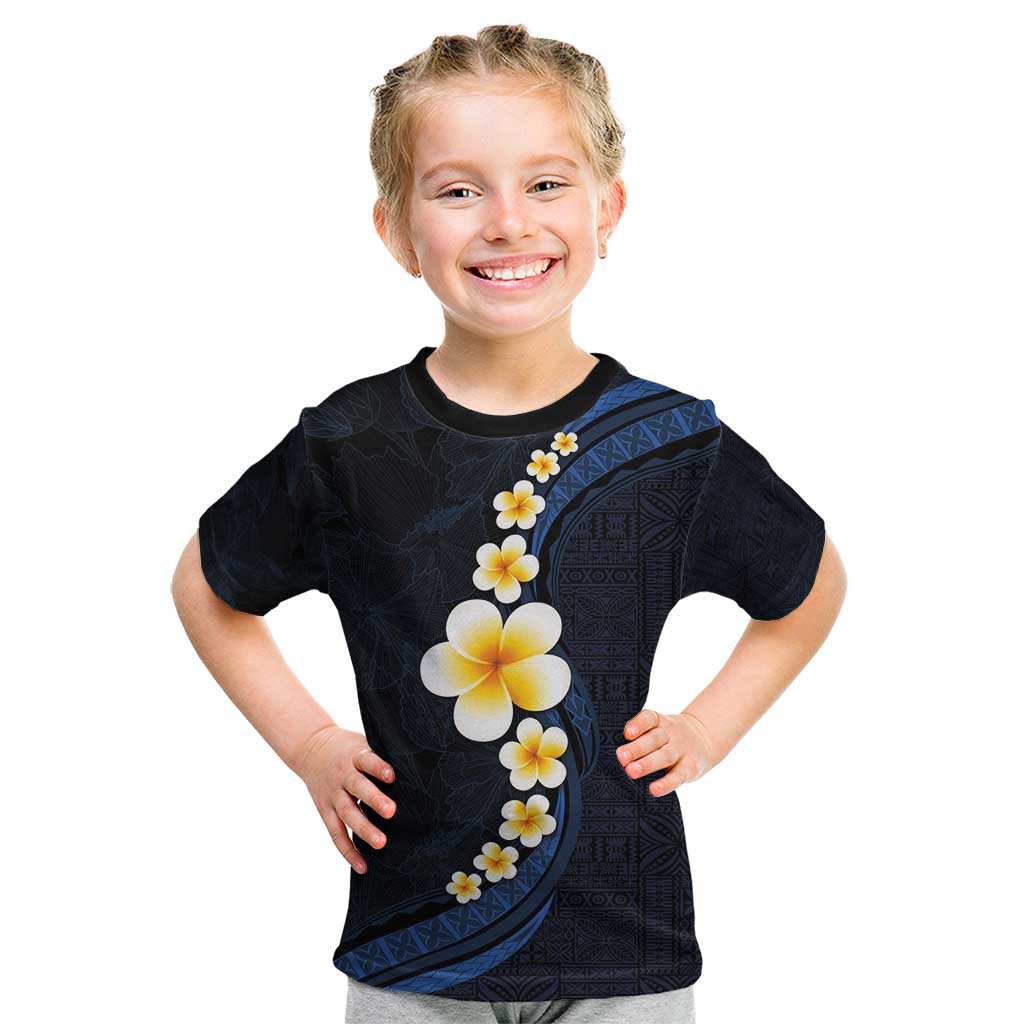 Pacific Hibiscus and Plumeria with Tapa Pattern Kid T Shirt Dark Blue Color LT03 Blue - Polynesian Pride