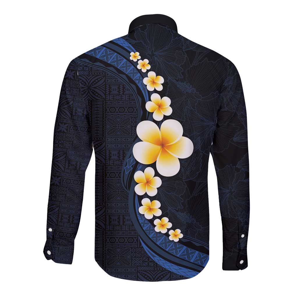 Pacific Hibiscus and Plumeria with Tapa Pattern Long Sleeve Button Shirt Dark Blue Color LT03 - Polynesian Pride