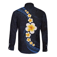 Pacific Hibiscus and Plumeria with Tapa Pattern Long Sleeve Button Shirt Dark Blue Color LT03 - Polynesian Pride