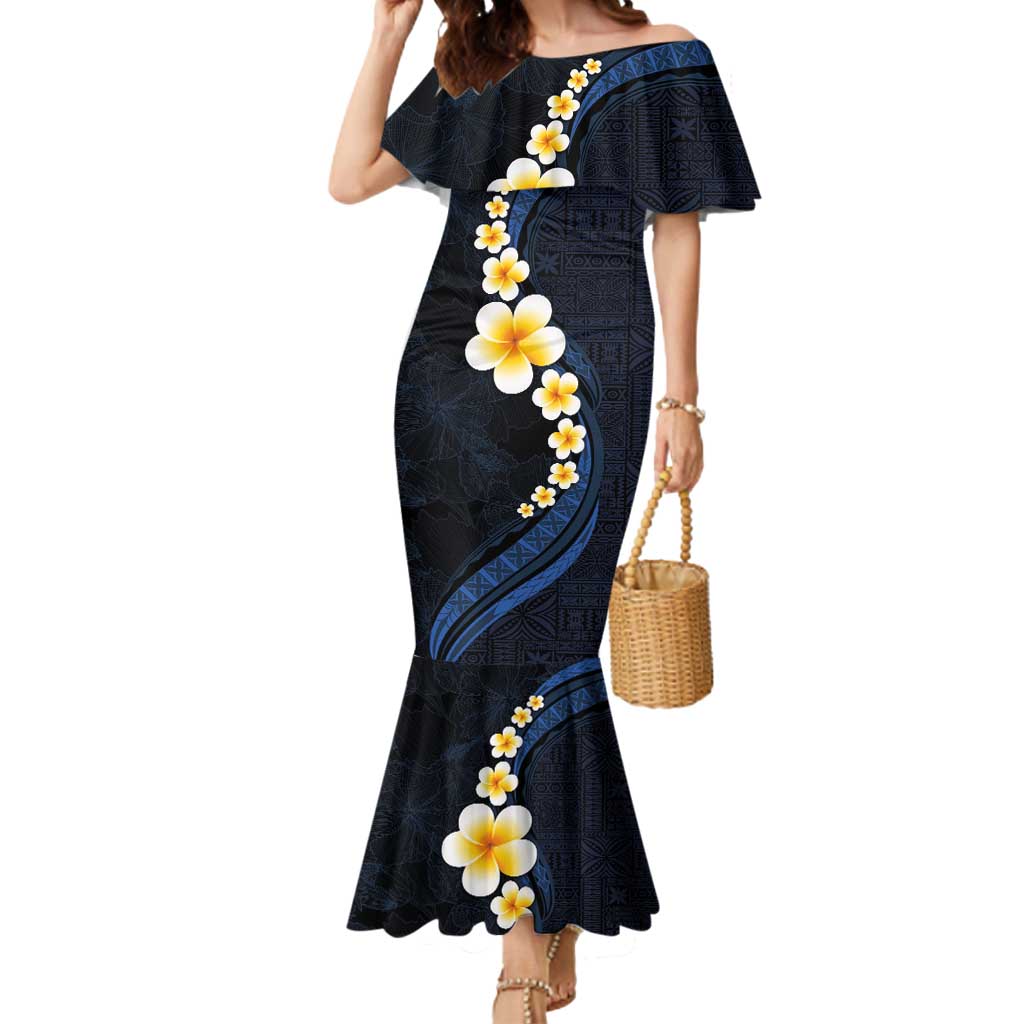 Pacific Hibiscus and Plumeria with Tapa Pattern Mermaid Dress Dark Blue Color LT03 Women Blue - Polynesian Pride