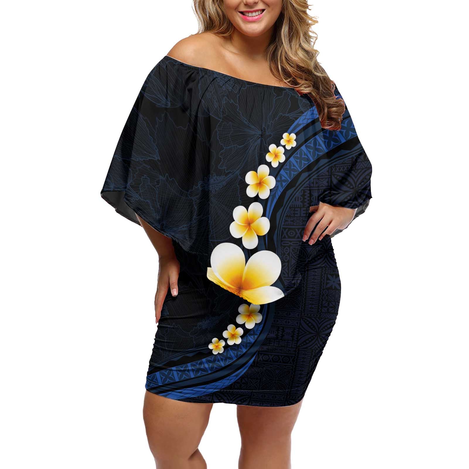 Pacific Hibiscus and Plumeria with Tapa Pattern Off Shoulder Short Dress Dark Blue Color