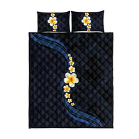 Pacific Hibiscus and Plumeria with Tapa Pattern Quilt Bed Set Dark Blue Color