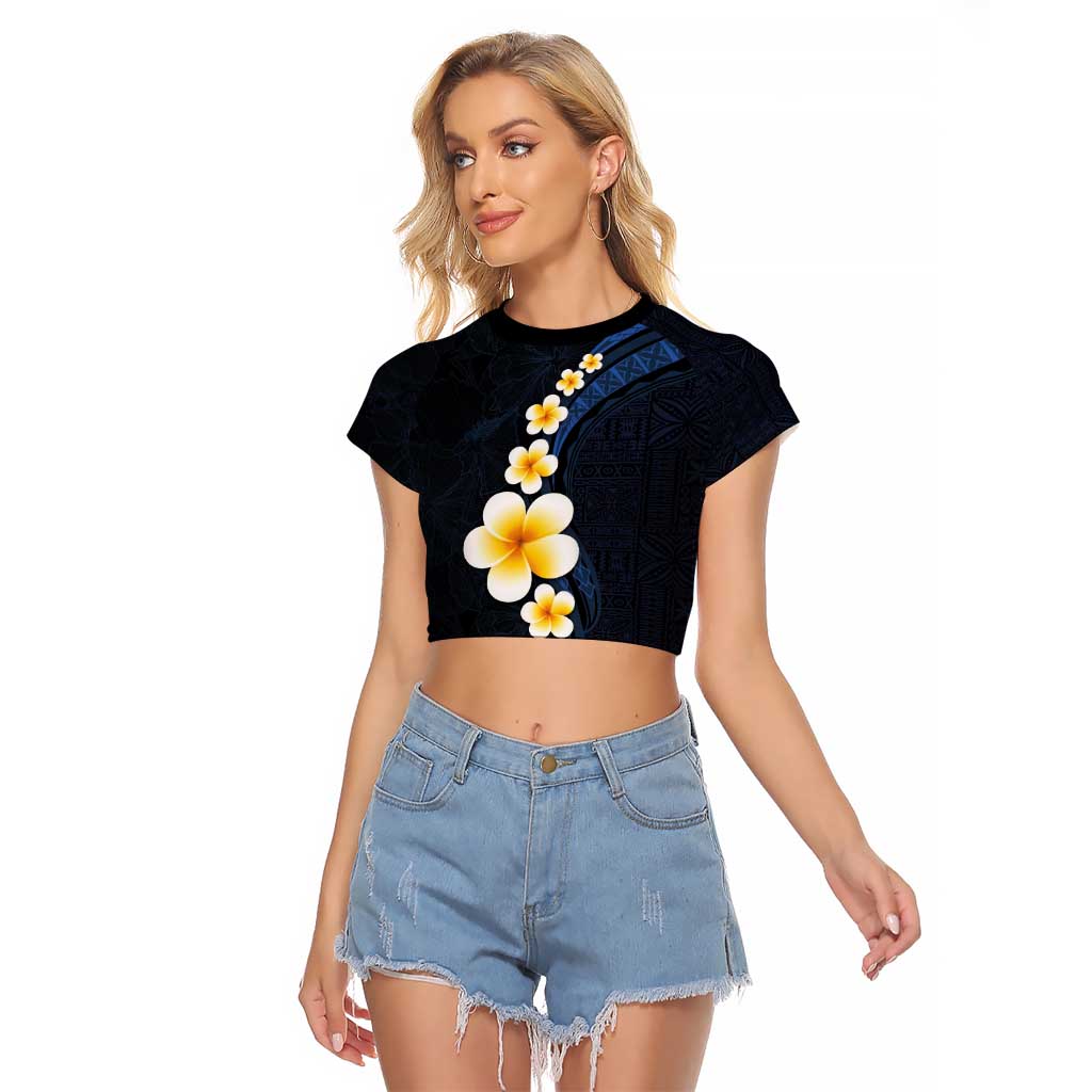 Pacific Hibiscus and Plumeria with Tapa Pattern Raglan Cropped T Shirt Dark Blue Color LT03 Female Blue - Polynesian Pride