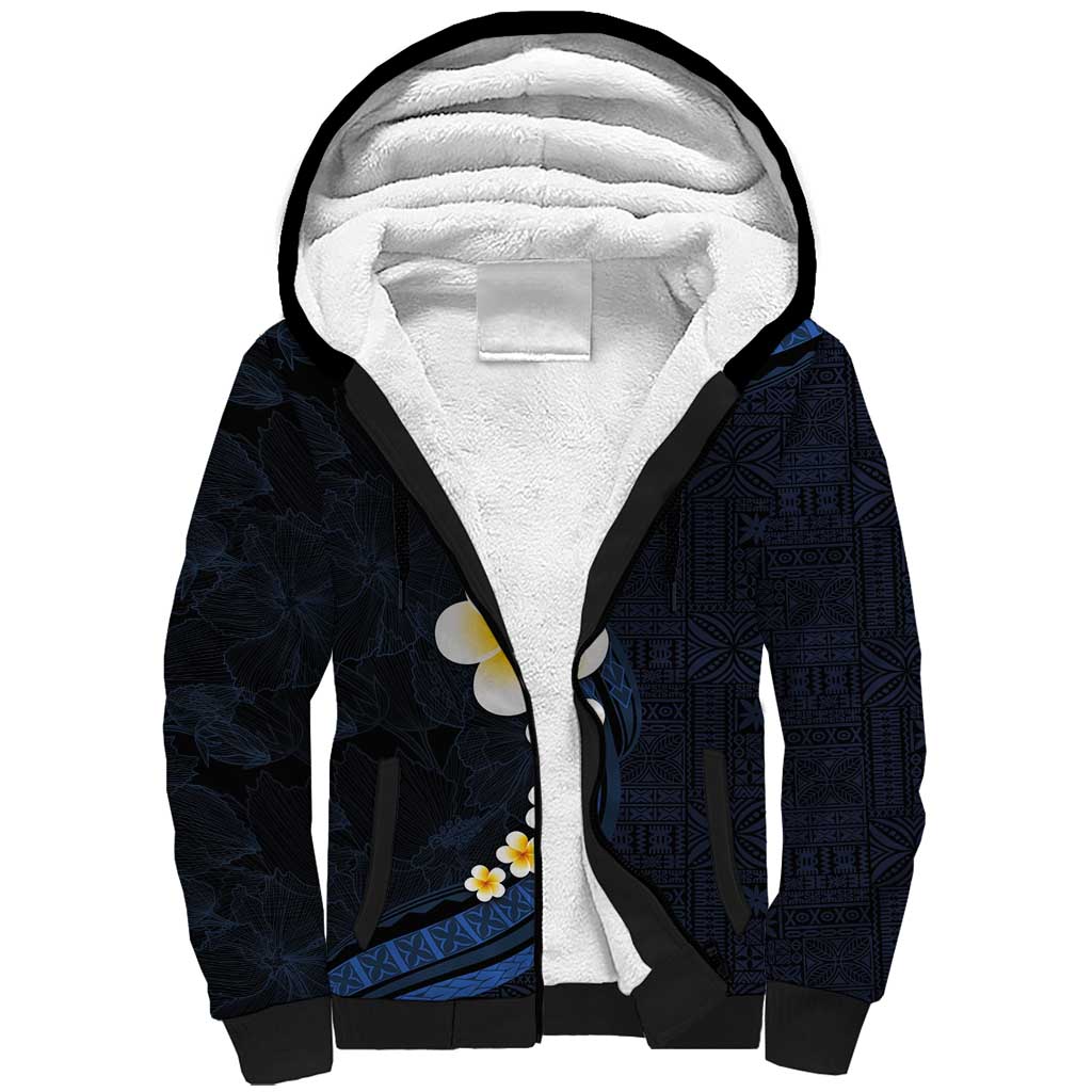 Pacific Hibiscus and Plumeria with Tapa Pattern Sherpa Hoodie Dark Blue Color