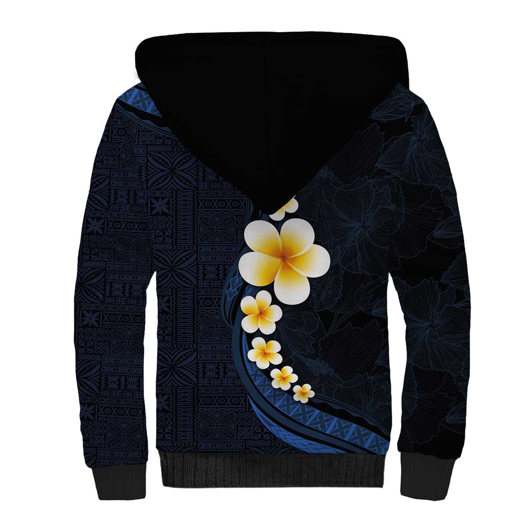 Pacific Hibiscus and Plumeria with Tapa Pattern Sherpa Hoodie Dark Blue Color