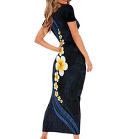 Pacific Hibiscus and Plumeria with Tapa Pattern Short Sleeve Bodycon Dress Dark Blue Color