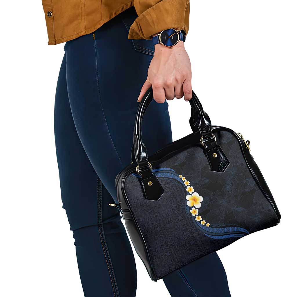 Pacific Hibiscus and Plumeria with Tapa Pattern Shoulder Handbag Dark Blue Color LT03 - Polynesian Pride