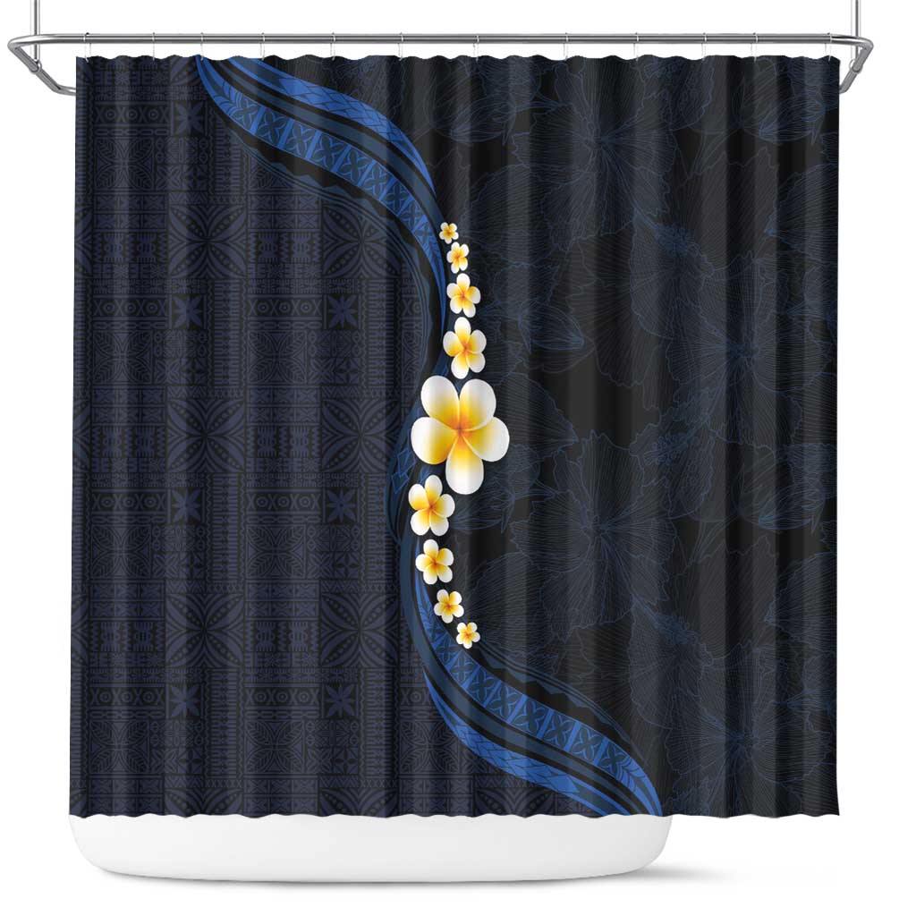 Pacific Hibiscus and Plumeria with Tapa Pattern Shower Curtain Dark Blue Color