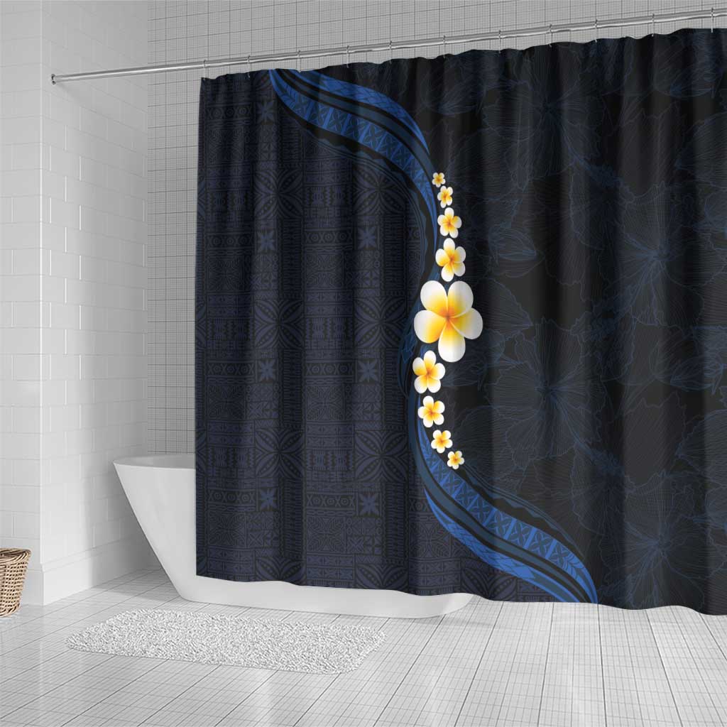 Pacific Hibiscus and Plumeria with Tapa Pattern Shower Curtain Dark Blue Color LT03 - Polynesian Pride