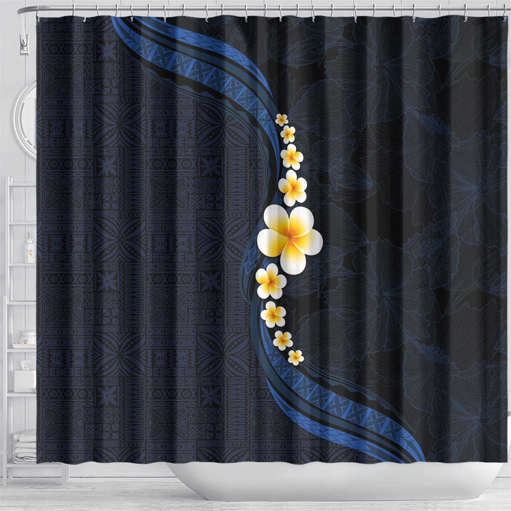 Pacific Hibiscus and Plumeria with Tapa Pattern Shower Curtain Dark Blue Color LT03 - Polynesian Pride