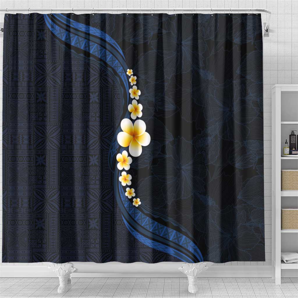 Pacific Hibiscus and Plumeria with Tapa Pattern Shower Curtain Dark Blue Color LT03 - Polynesian Pride