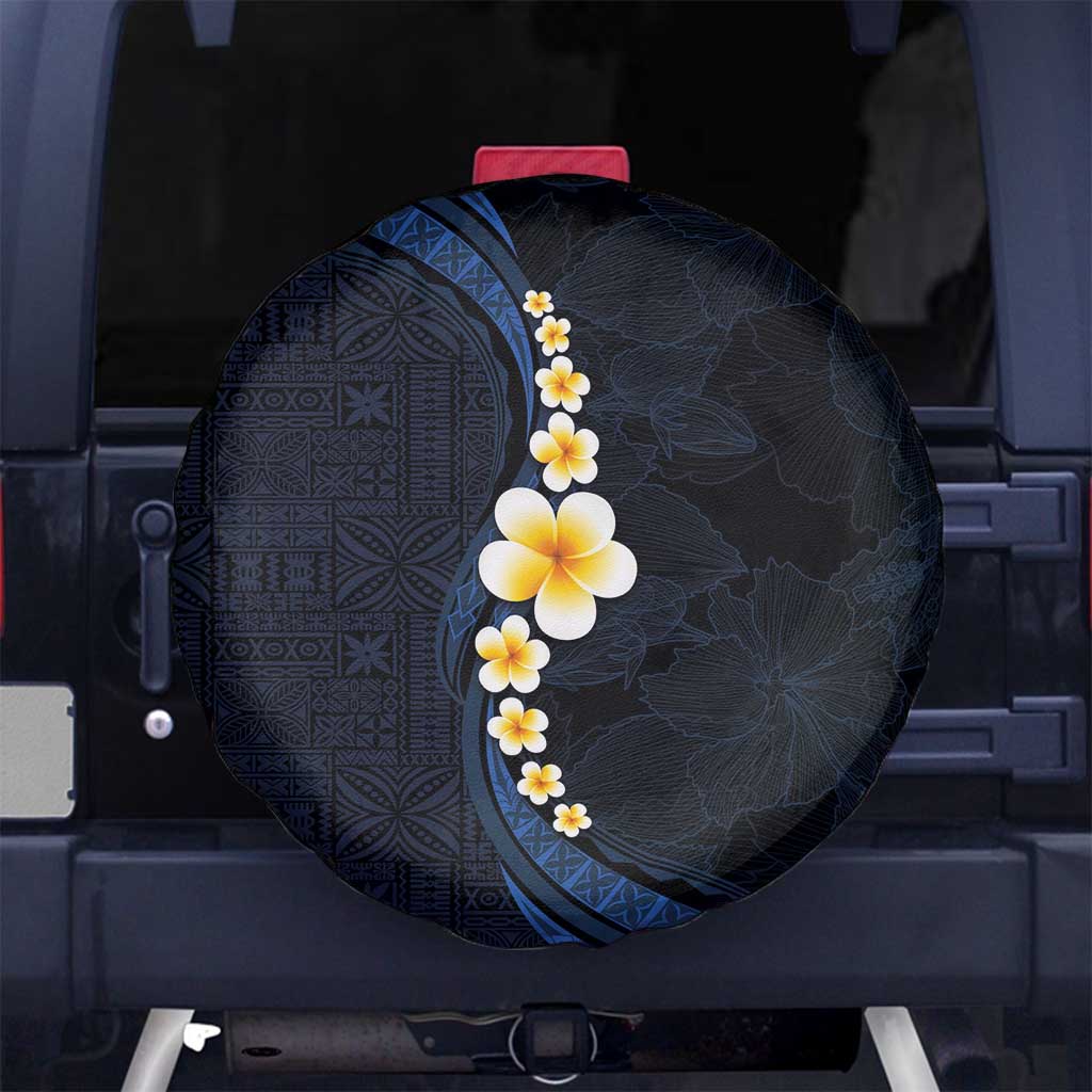 Pacific Hibiscus and Plumeria with Tapa Pattern Spare Tire Cover Dark Blue Color