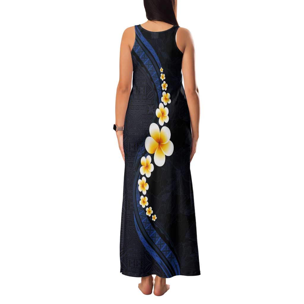 Pacific Hibiscus and Plumeria with Tapa Pattern Tank Maxi Dress Dark Blue Color