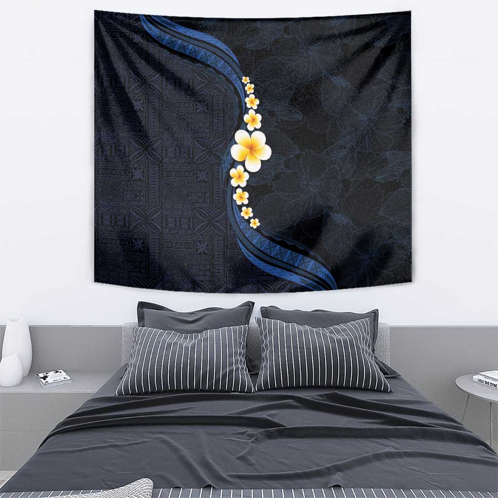 Pacific Hibiscus and Plumeria with Tapa Pattern Tapestry Dark Blue Color