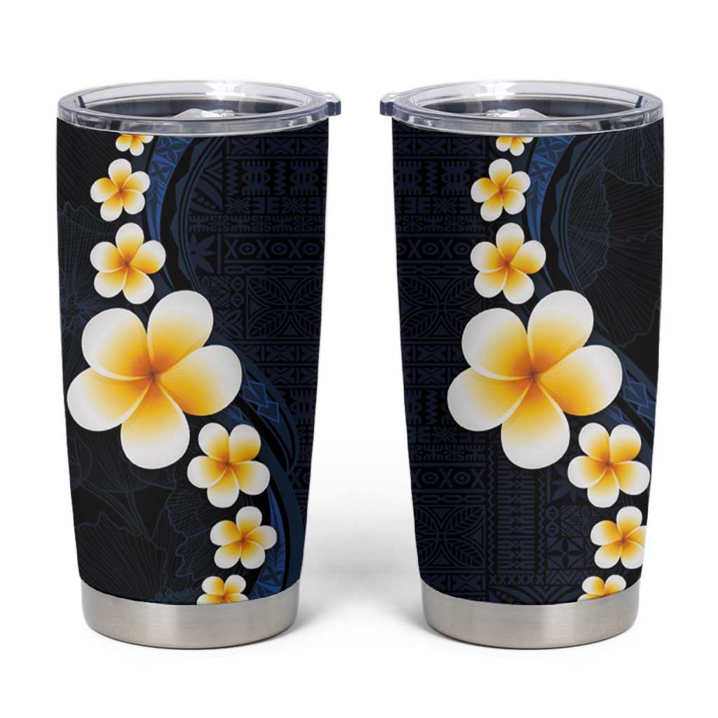 Pacific Hibiscus and Plumeria with Tapa Pattern Tumbler Cup Dark Blue Color