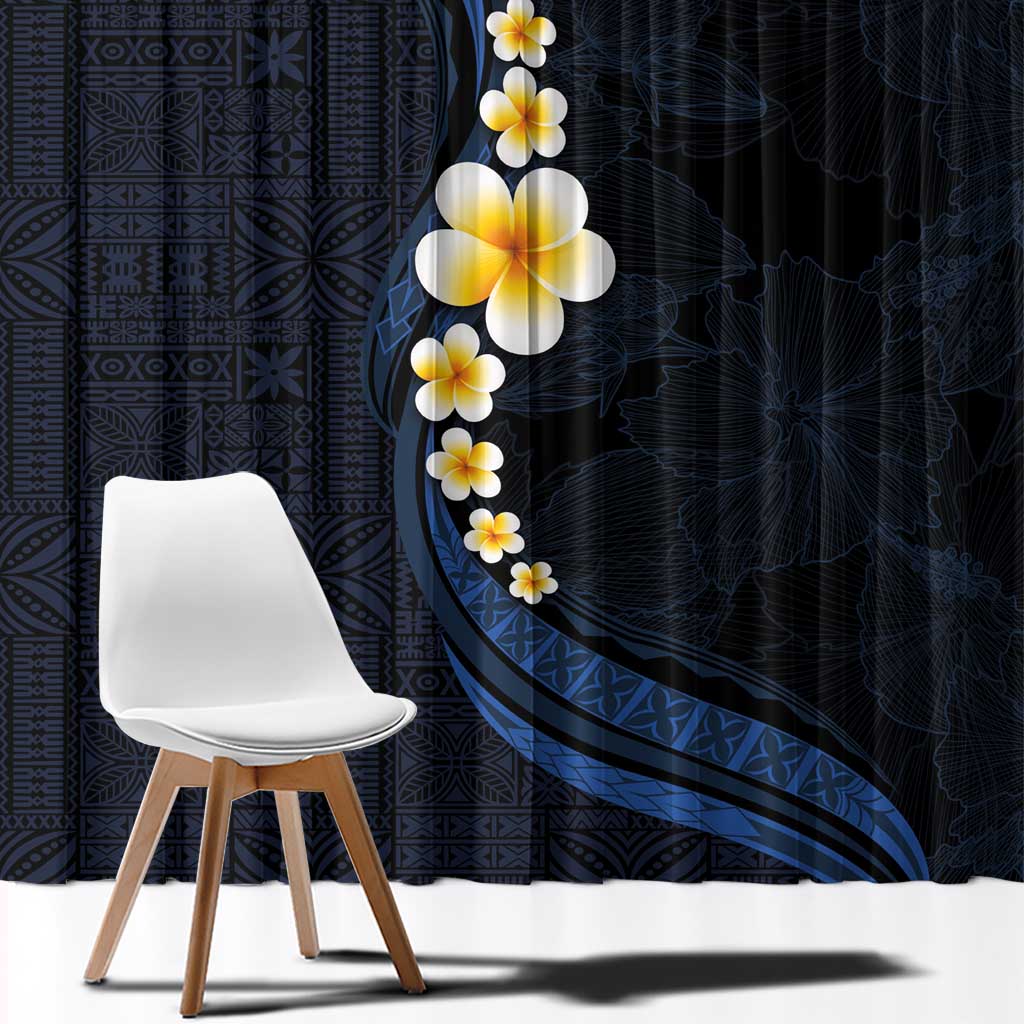 Pacific Hibiscus and Plumeria with Tapa Pattern Window Curtain Dark Blue Color