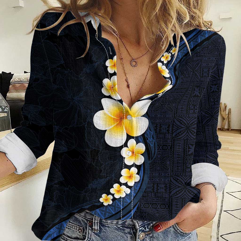 Pacific Hibiscus and Plumeria with Tapa Pattern Women Casual Shirt Dark Blue Color LT03 Female Blue - Polynesian Pride