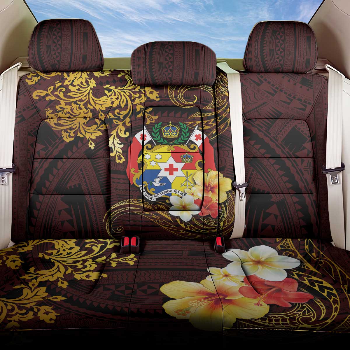 Tonga Ngatu and Hibiscus with Polynesian Tattoo Back Car Seat Cover Gold and Oxblood Color