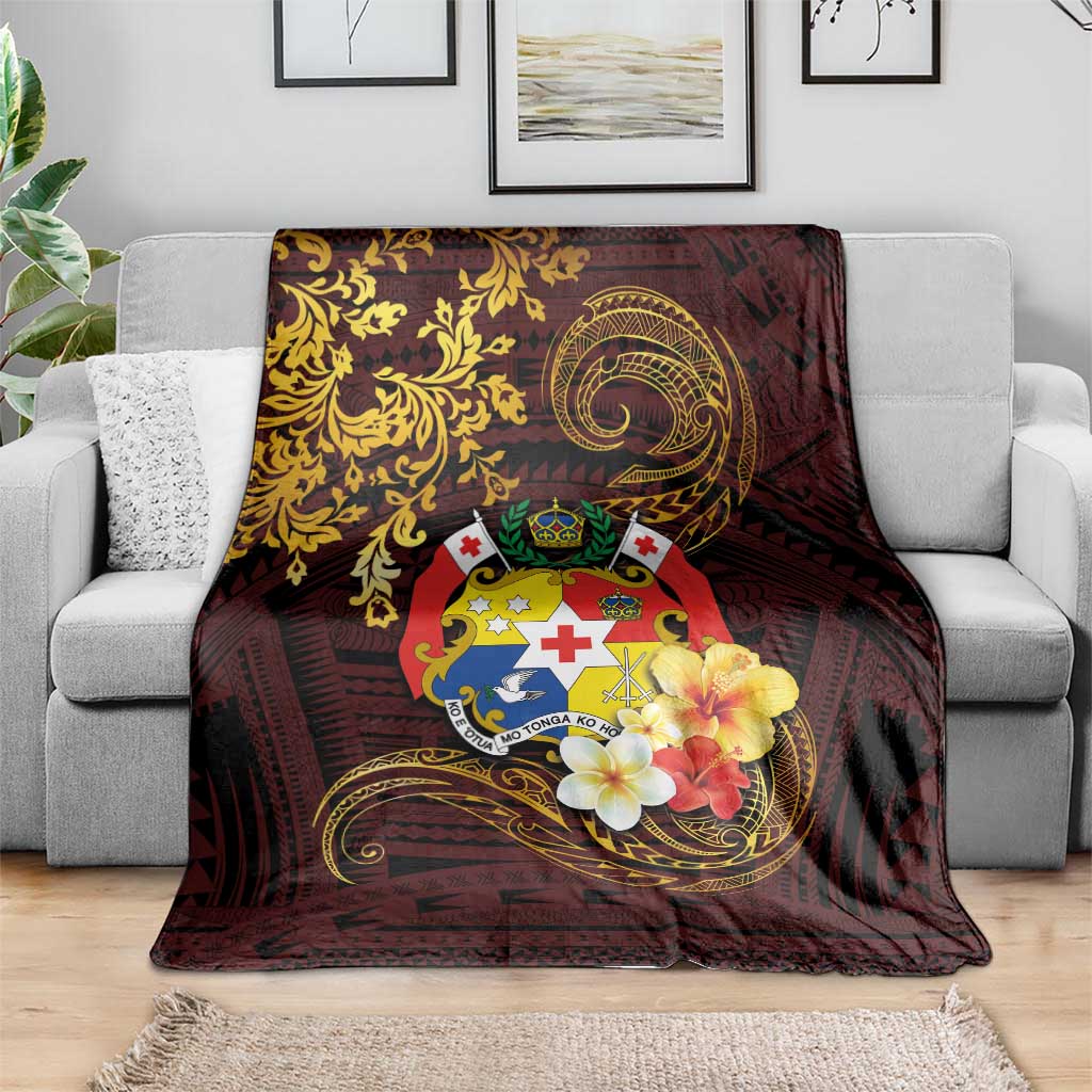 Tonga Ngatu and Hibiscus with Polynesian Tattoo Blanket Gold and Oxblood Color