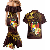 Tonga Ngatu and Hibiscus with Polynesian Tattoo Couples Matching Mermaid Dress and Hawaiian Shirt Gold and Oxblood Color